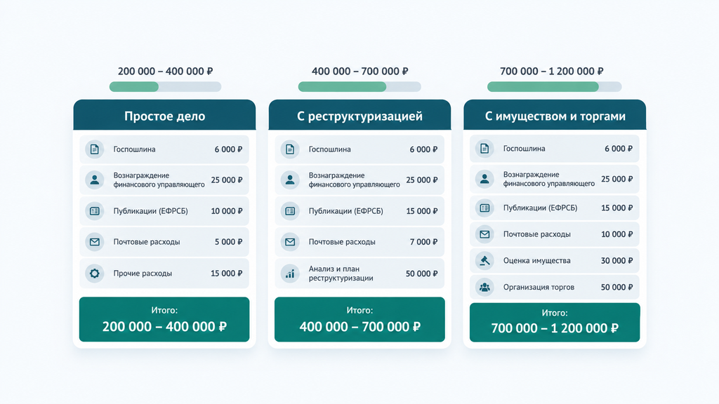 Сравнение итоговой стоимости судебного банкротства по трём сценариям: простое дело, реструктуризация долга и наличие имущества с торгами. В виде трёх карточек представлен перечень статей расходов и финальные суммы для каждого варианта процедуры.