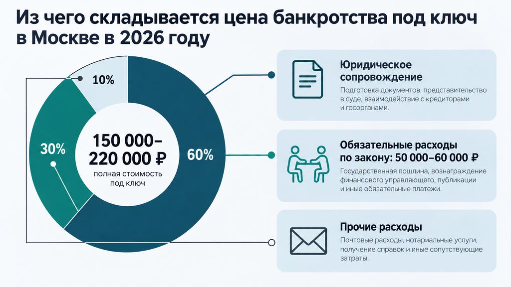 Структура стоимости банкротства под ключ в Москве на 2026 год. Диаграмма демонстрирует разбивку бюджета: обязательные государственные расходы, юридическое сопровождение и прочие платежи. Итоговая вилка цен 150 000–220 000 рублей.