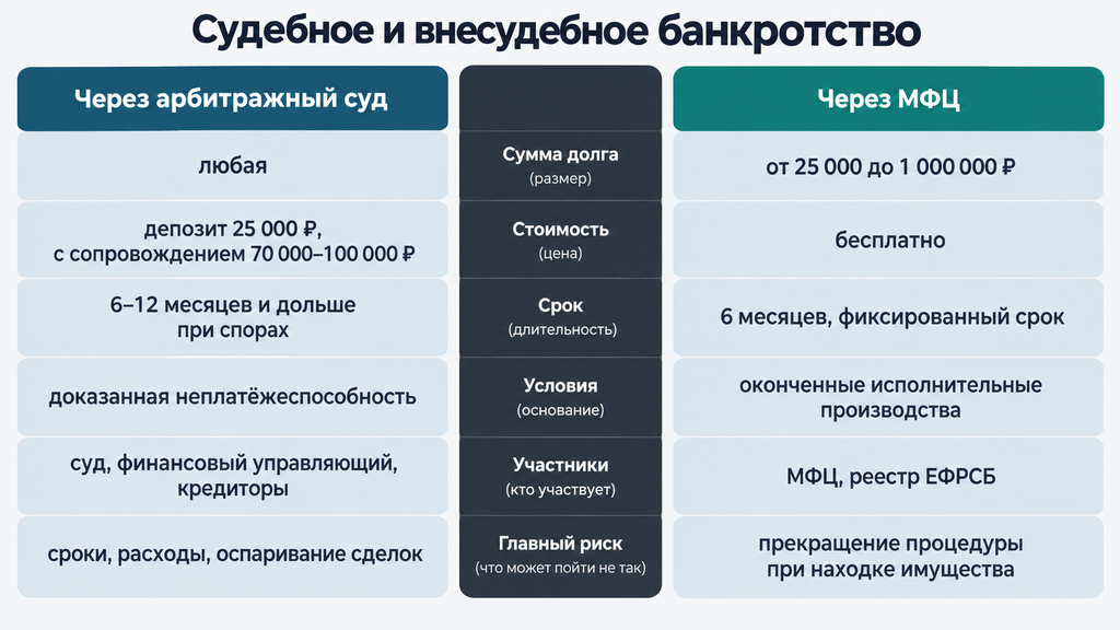 Сравнение судебного и внесудебного банкротства: критерии выбора между арбитражным судом и МФЦ