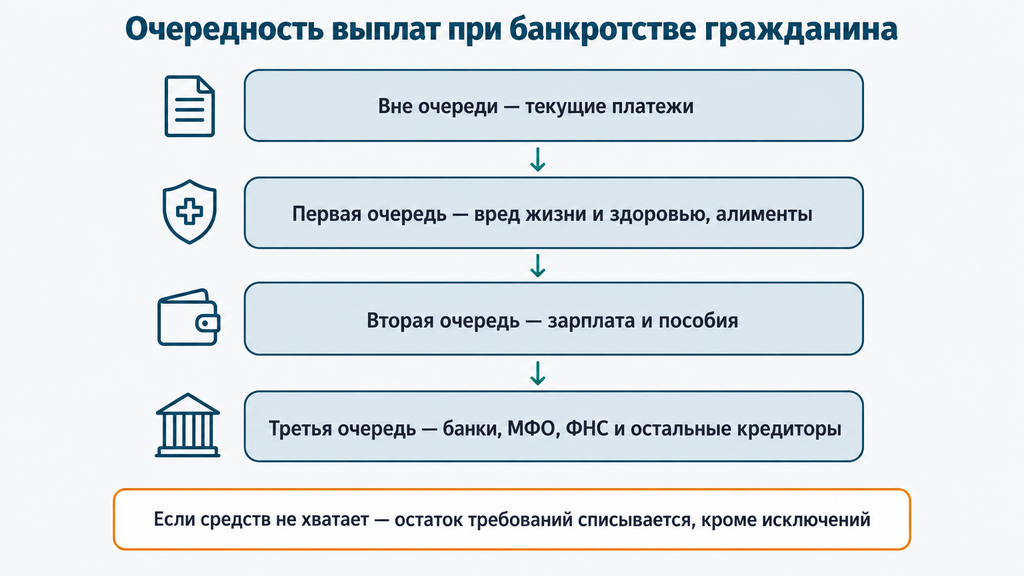Вертикальная схема очередей выплат при банкротстве физического лица: текущие платежи, три очереди кредиторов и правило списания остатка долга
