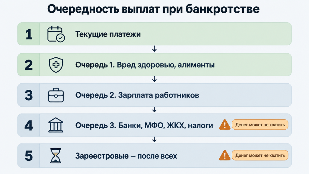 Схема очередности удовлетворения требований кредиторов при банкротстве: ступени с текущими платежами, реестровыми и незареестровыми очередями