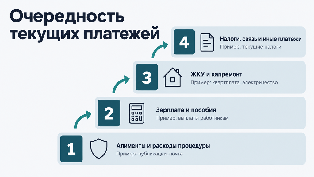 Схема-лестница из четырёх ступеней, демонстрирующая очередность текущих платежей при банкротстве по ФЗ-127: алименты, зарплата, ЖКХ и иные платежи