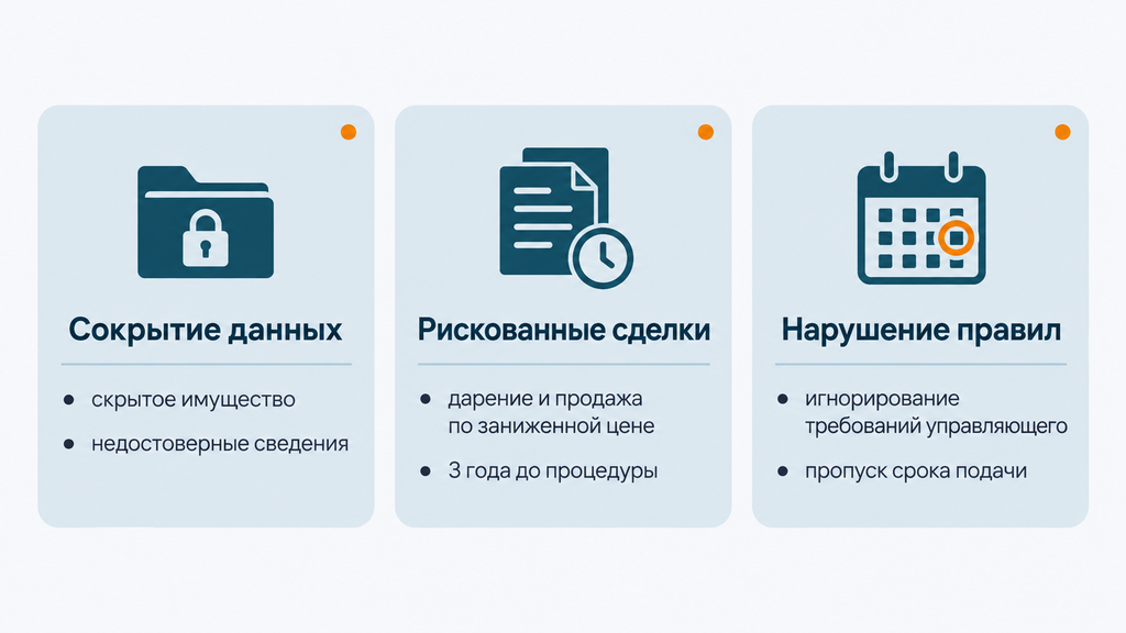 Причины отказа в списании долгов при банкротстве: сокрытие данных, рискованные сделки и нарушение правил. Инфографика для проверки перед подачей заявления