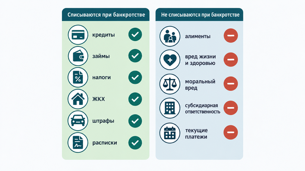 Две карточки сравнения долгов при банкротстве: зелёная со списываемыми кредитами и налогами, серо-голубая с обязательными к уплате али mentами и возмещением вреда