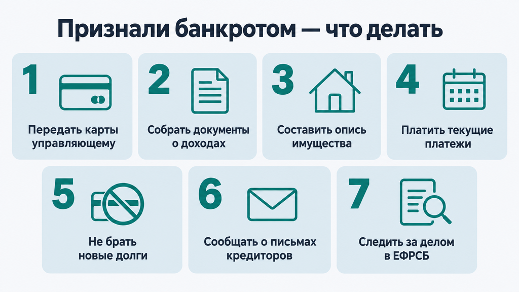 Чек-лист первых действий должника после признания банкротом с нумерованными карточками шагов