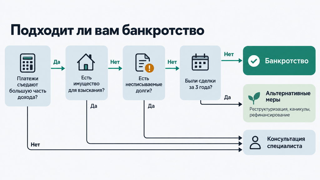 Дерево решений: быстрая самопроверка — подходит ли вам банкротство, альтернативные меры или консультация специалиста
