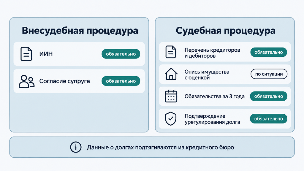 Чек-лист документов для подачи на банкротство в двух колонках: внесудебная и судебная процедура со статусами обязательно и по ситуации