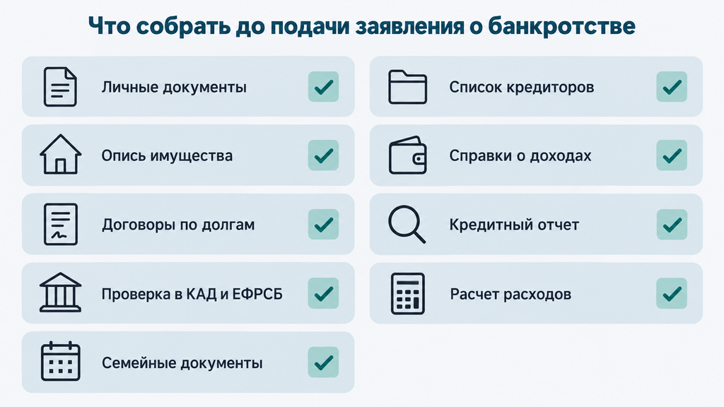 Чек-лист документов и действий перед подачей заявления о банкротстве в арбитражный суд