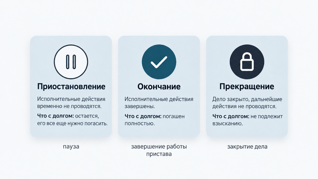 Сравнение статусов исполнительного производства при банкротстве: приостановление, окончание и прекращение с индикаторами сроков действия и информацией о статусе долга