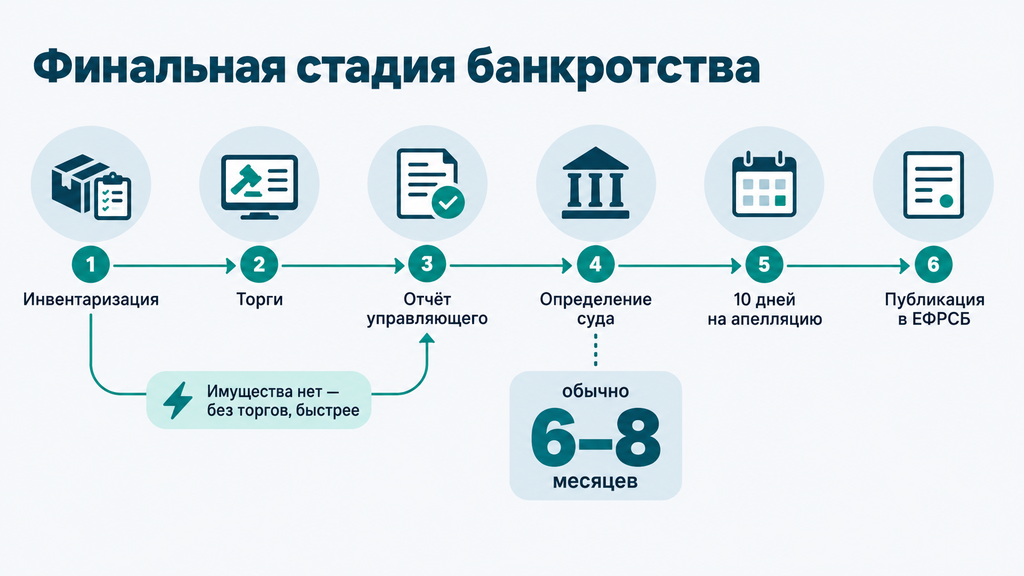 Таймлайн финальной стадии банкротства: пошаговая схема этапов и типовые сроки реализации имущества обычно 6-8 месяцев
