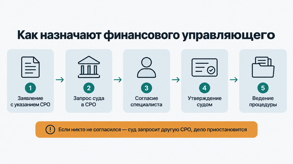 Горизонтальная схема этапов назначения финансового управляющего при банкротстве: от указания СРО в заявлении до утверждения судом и ведения процедуры. Включает предупреждение о приостановке дела при отказе специалиста и визуально показывает возможность должника повлиять на выбор управляющего.