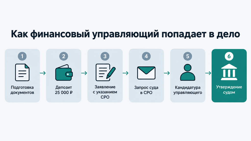Схема назначения финансового управляющего при банкротстве: пошаговый маршрут от сбора документов и внесения депозита до утверждения кандидатуры судом по предложению СРО