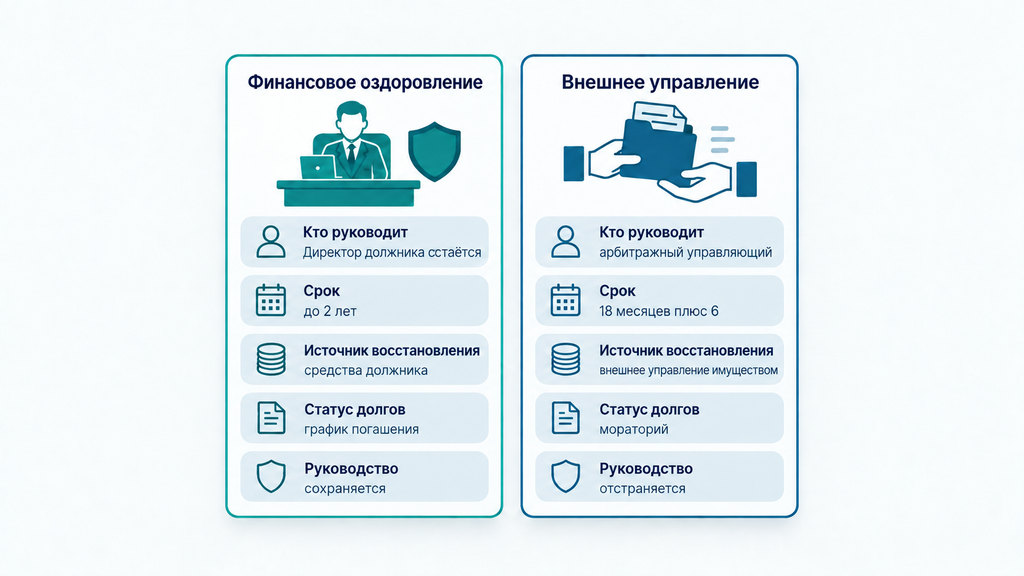 Сравнение процедур финансового оздоровления и внешнего управления при банкротстве в виде двух параллельных карточек с пятью ключевыми параметрами
