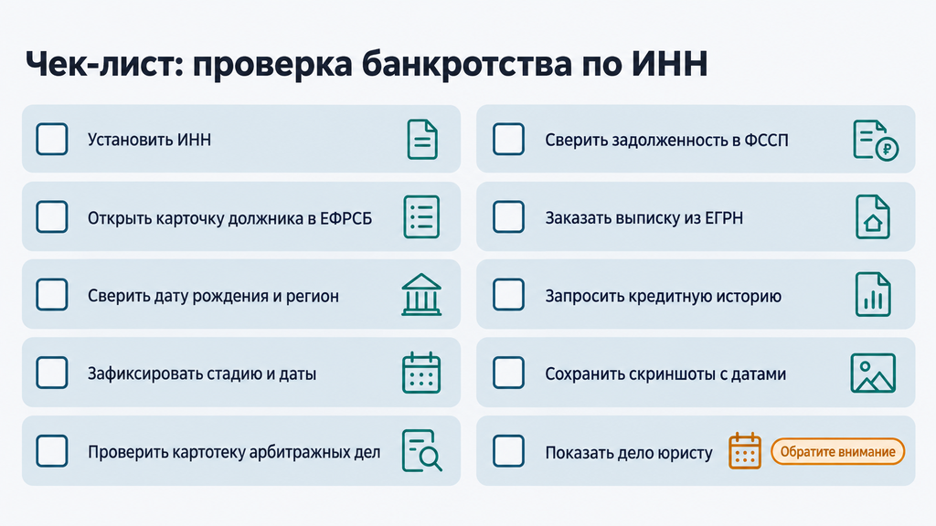 Чек-лист проверки банкротства по ИНН из десяти пунктов с полями-отметками и пиктограммами документов, реестра, суда и календаря