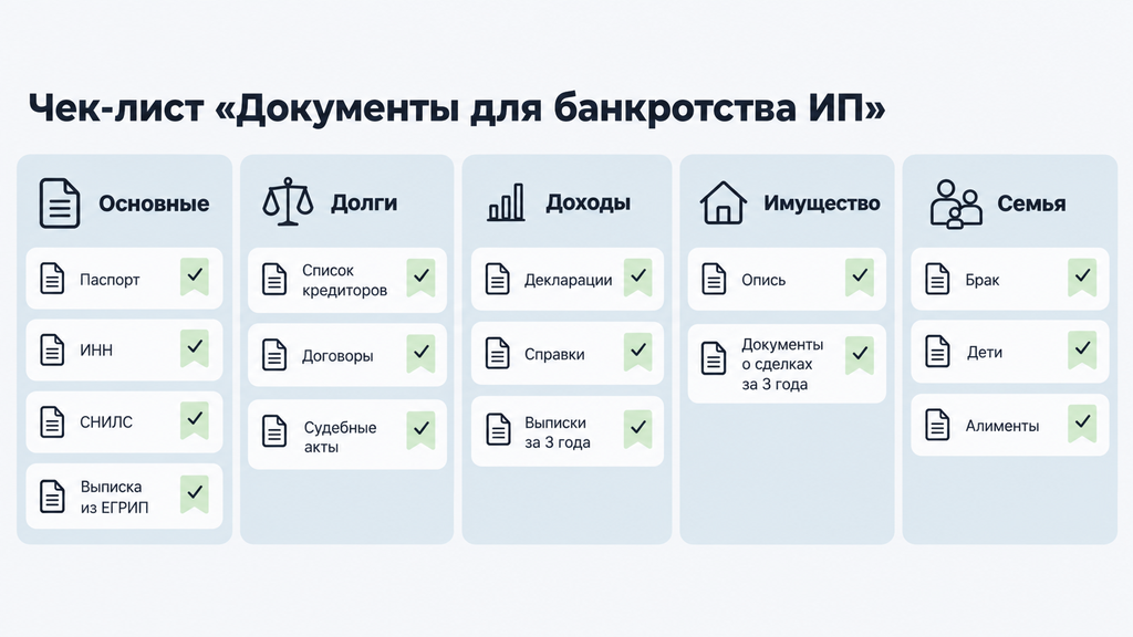 Чек-лист документов для банкротства ИП с пятью группами и отметками о готовности