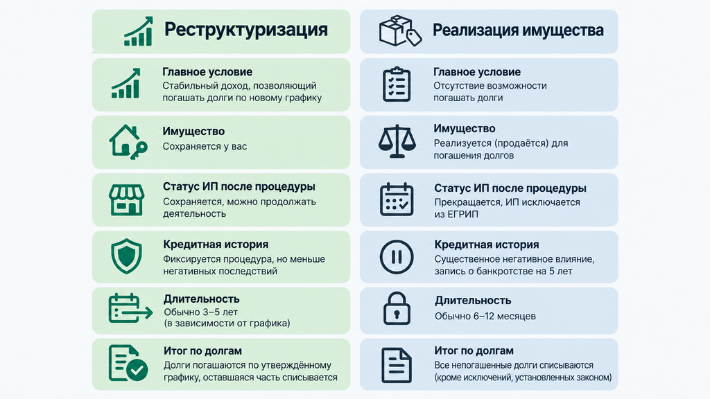 Сравнительная таблица процедур банкротства ИП: реструктуризация долгов против реализации имущества с условиями, статусом, сроками и итогами по долгам