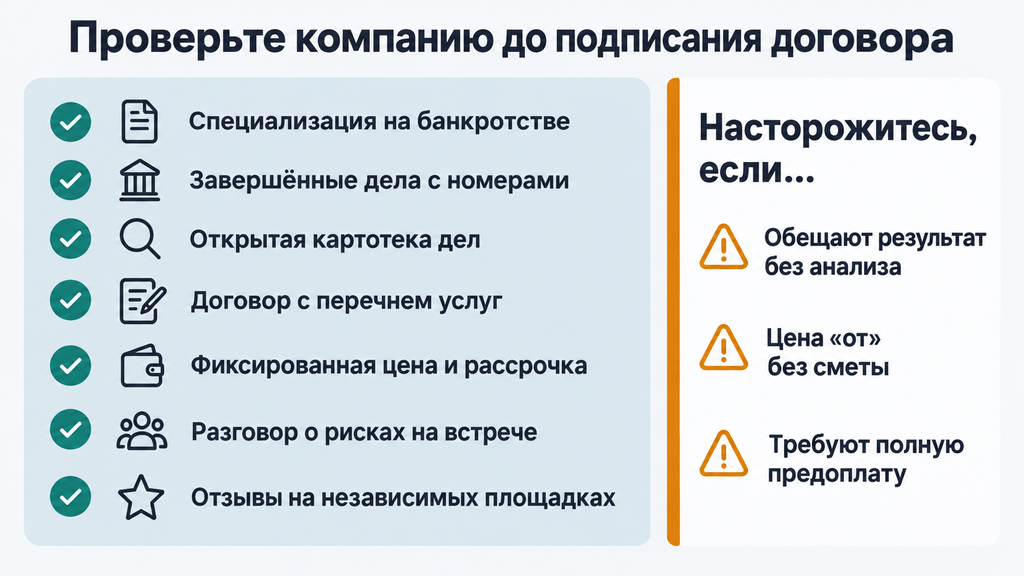 Чек-лист выбора компании по банкротству с пунктами проверки, галочками надёжности и янтарным блоком тревожных сигналов для оценки сервиса до оплаты услуг
