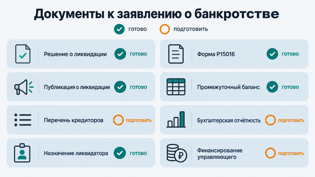 Чек-лист документов для заявления о банкротстве ликвидируемого должника с отметками статуса готовности