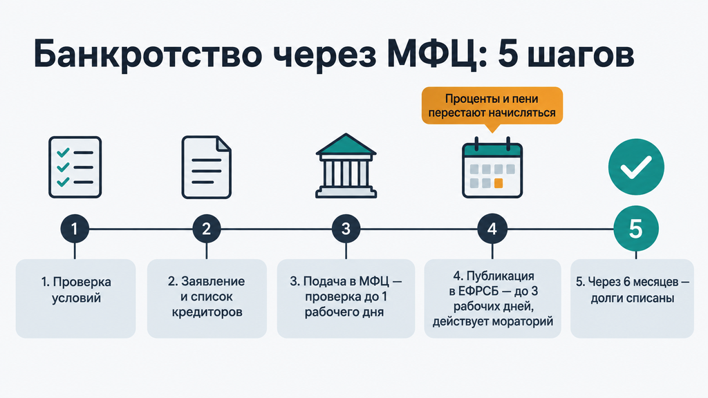Схема банкротства через МФЦ: 5 этапов от проверки условий до списания долгов за 6 месяцев со сроками подачи документов и приостановкой начисления процентов