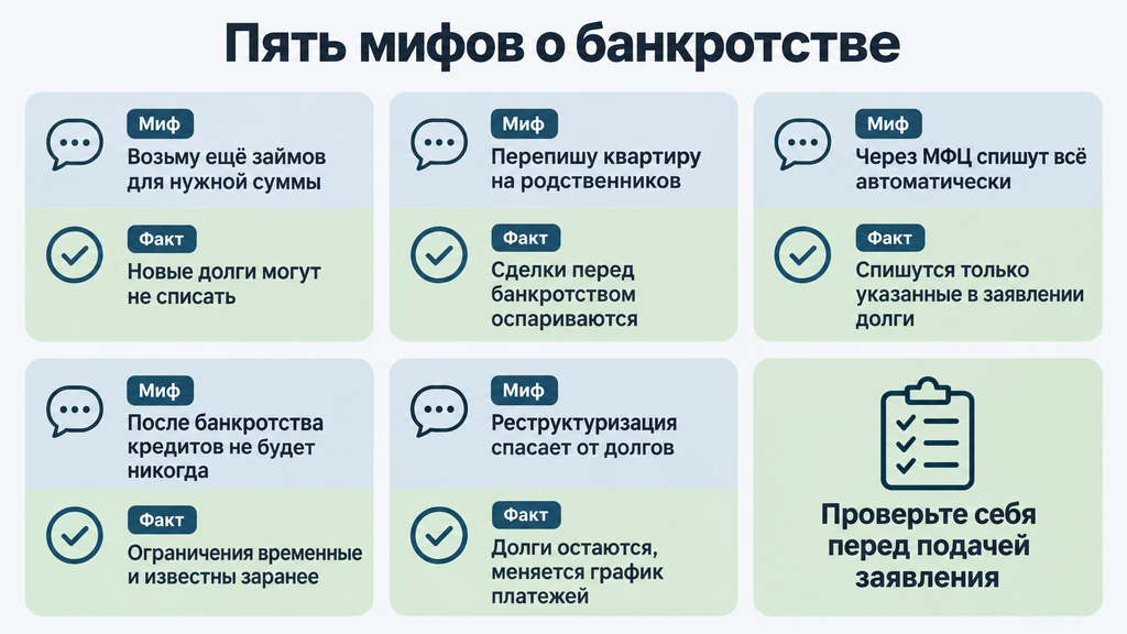 Инфографика с карточками «Миф и факт» о внесудебном банкротстве и судебной реструктуризации для развенчания распространённых заблуждений