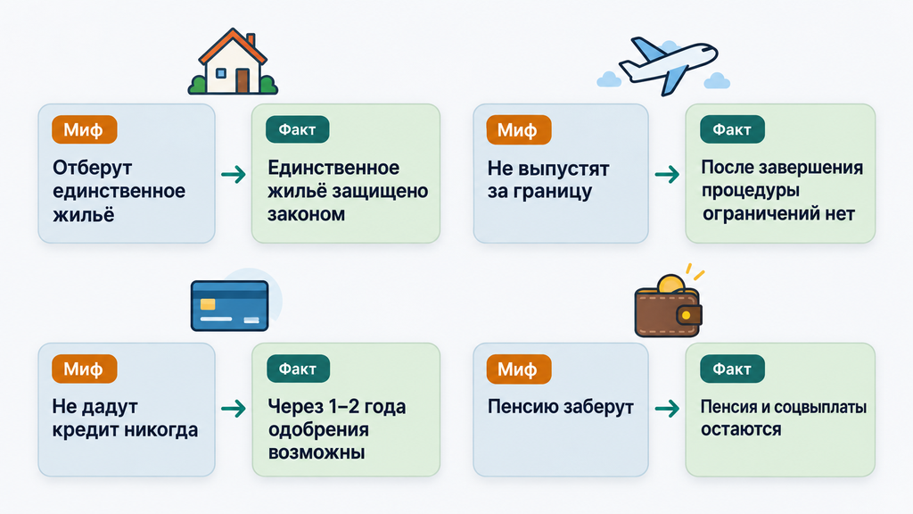 Карточки Миф и Факт о последствиях банкротства, развеивающие страхи об имуществе, выезде за границу, кредитах и пенсиях