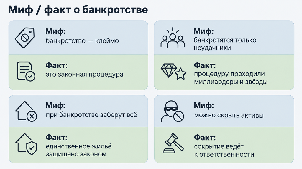 Инфографика «Банкротство: мифы против фактов». Карточки на основе реальных кейсов, разъясняющие, что процедура является законной, безопасной и не оставляет социального клейма.