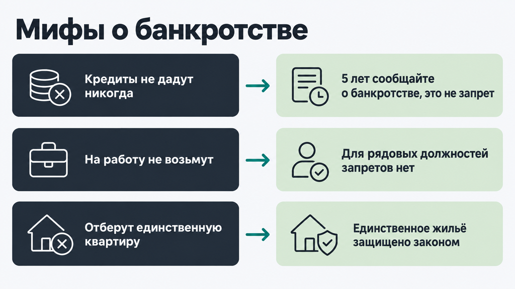 Инфографика Мифы о банкротстве: сетка из трёх карточек Миф и Факт с кратким разбором распространённых заблуждений