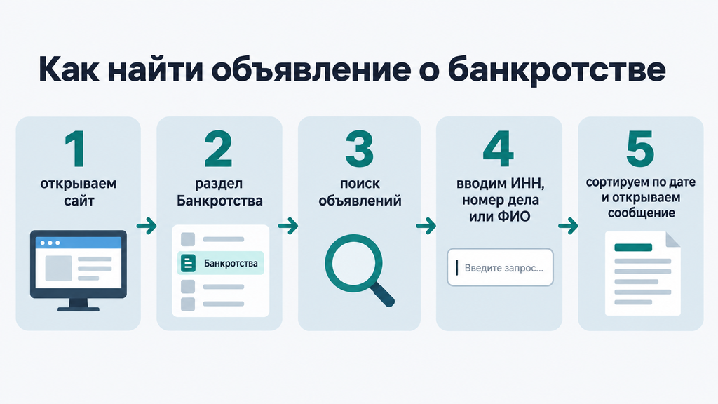 Пошаговая инструкция поиска объявления о банкротстве на сайте Коммерсантъ с пятью пронумерованными этапами