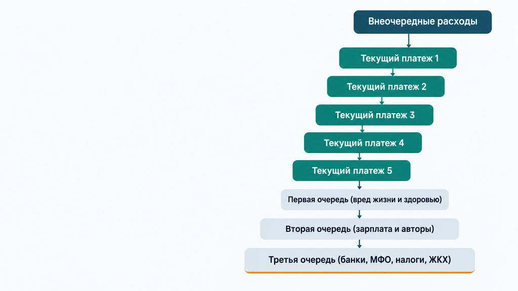 Схема очередей выплат при банкротстве в виде вертикальной лестницы: внеочередные расходы, пять ступеней текущих платежей и три очереди реестра требований кредиторов.