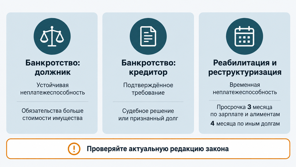 Три карточки с основаниями для подачи заявления о банкротстве по закону РК: устойчивая неплатежеспособность, подтверждённое требование кредитора и временная неплатежеспособность для реабилитации. Иконки весов, документа и календаря.