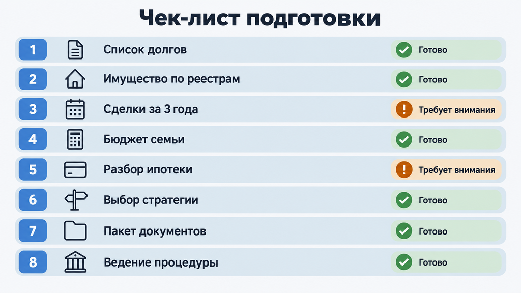 Чек-лист подготовки к банкротству с сохранением имущества: 8 шагов с иконками и статусами выполнения