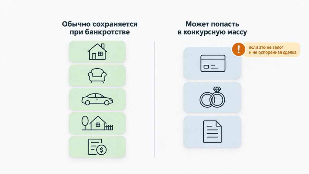 Двухколоночная инфографика по банкротству: имущество, которое сохраняется за должником, и активы, входящие в конкурсную массу
