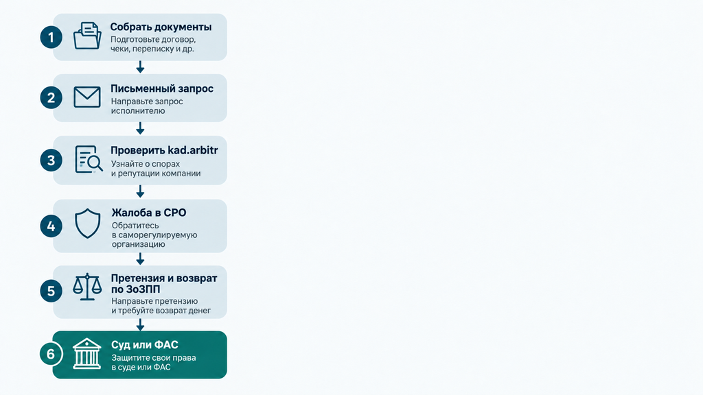 Вертикальная схема из 6 шагов для клиента при задержке процедуры банкротства: от сбора документов и запроса арбитражу до жалобы в СРО и суда