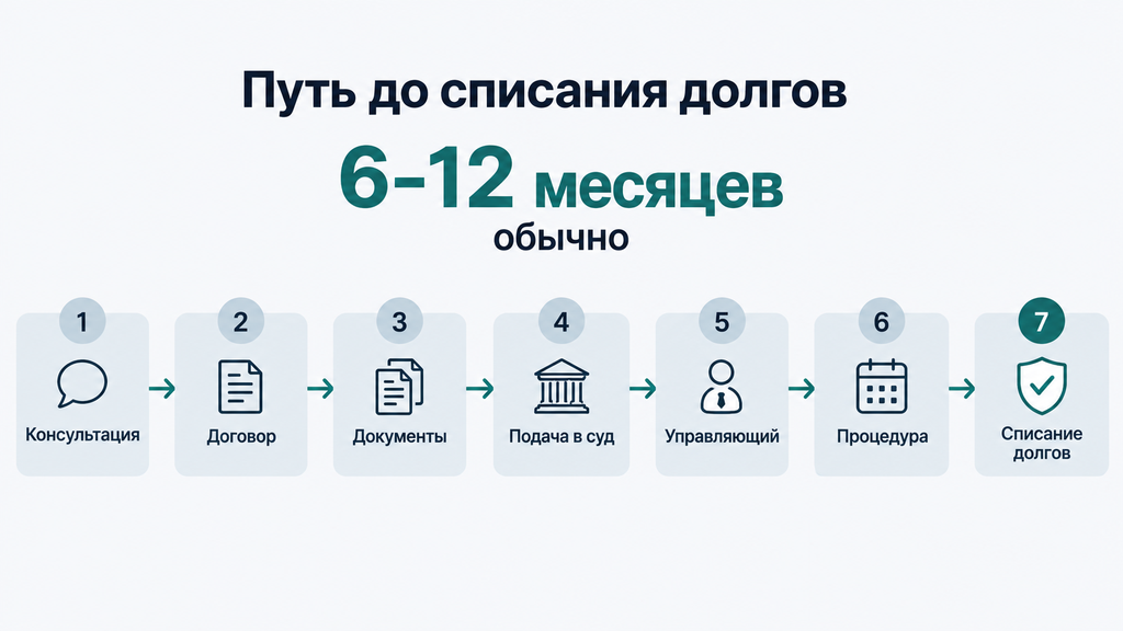 Горизонтальная временная шкала этапов банкротства под ключ: от консультации до списания долгов со сроками 6–12 месяцев