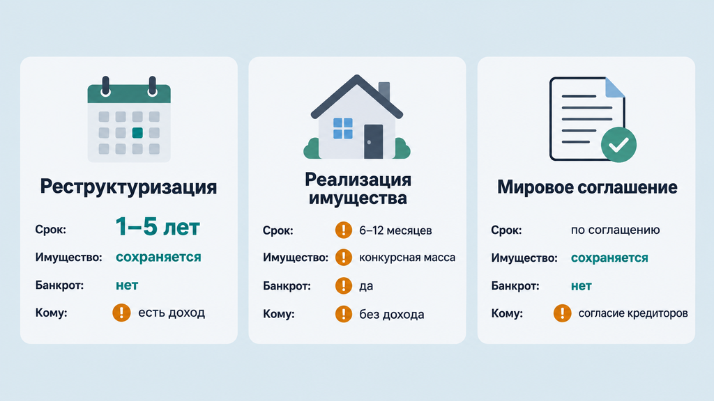 Три карточки для быстрого сравнения сроков, судьбы имущества и статуса должника при процедурах банкротства: реструктуризация, реализация имущества и мировое соглашение.