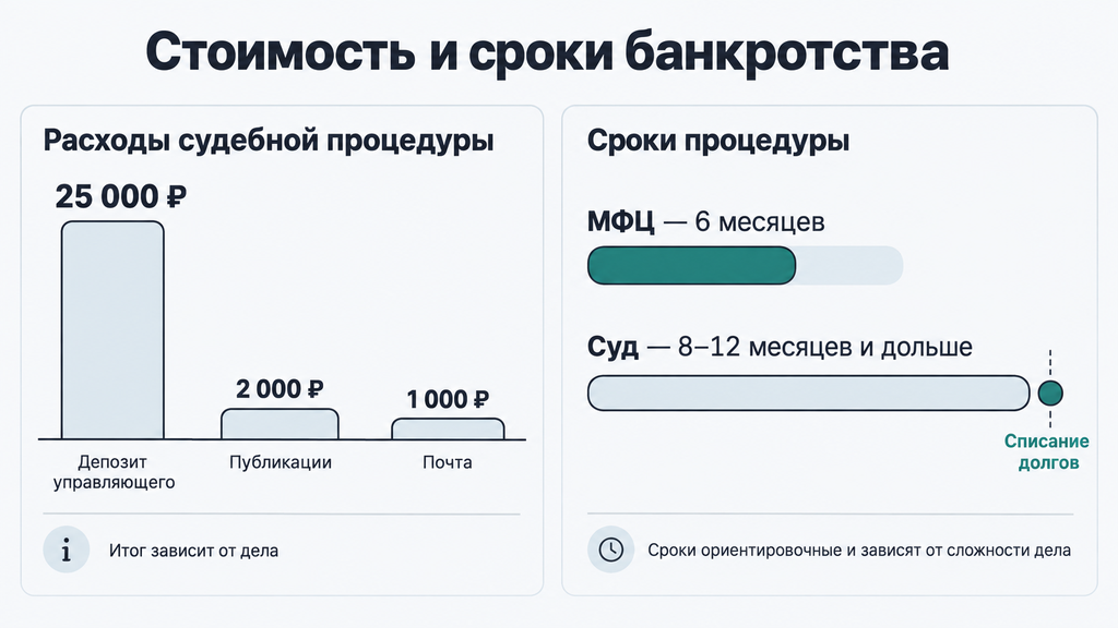 инфографика: сравнение расходов и сроков судебного и внесудебного банкротства