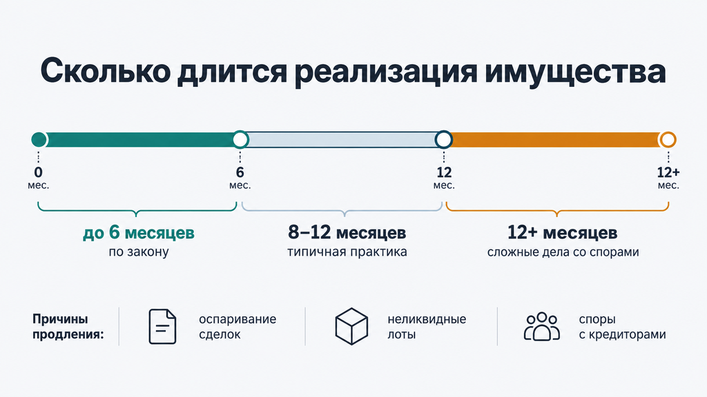 Шкала сроков реализации имущества должника при банкротстве: до 6 месяцев по закону, 8–12 месяцев типичная практика, 12+ месяцев сложные дела со спорами с пояснениями причин продления