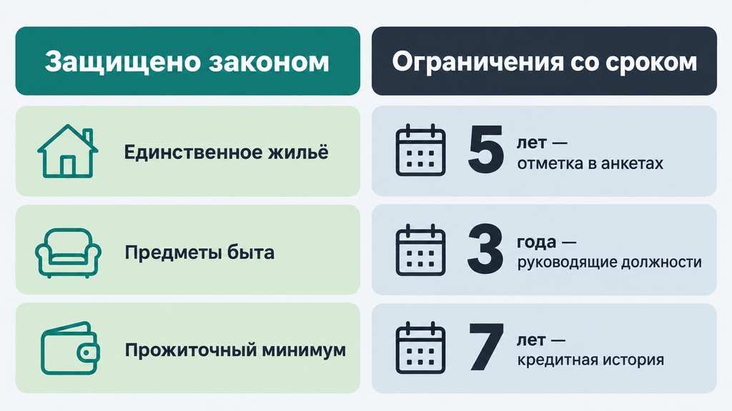 Инфографика о защищённом имуществе должника при банкротстве и сроках ограничений после процедуры