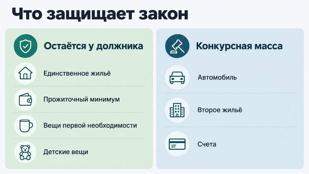 Схема защищённого имущества и конкурсной массы при банкротстве: перечень активов, которые остаются у должника, и тех, что включаются в конкурсную массу по закону РФ