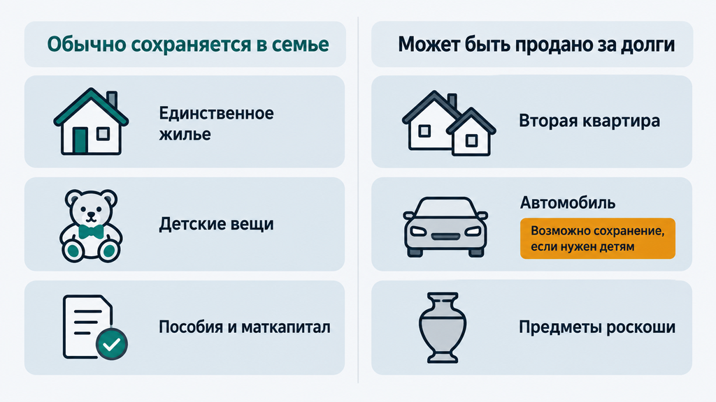 Схема защиты имущества многодетной семьи при банкротстве: слева оставленное в семье (единственное жилье, детские вещи, пособия, маткапитал), справа возможное к продаже за долги (вторая квартира, автомобиль, предметы роскоши)