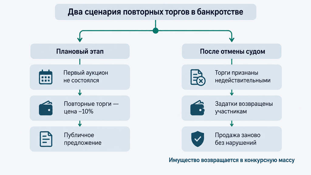 Схема повторных торгов при банкротстве: плановый этап со снижением цены и перепродажа после отмены судом