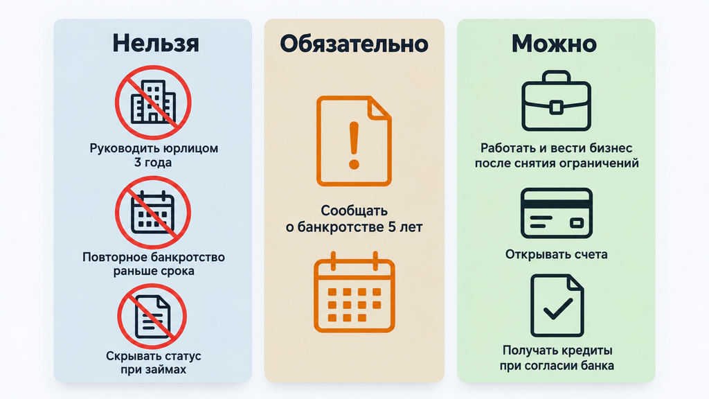 Карточка-сравнение ограничений после банкротства: что нельзя, обязательно и можно