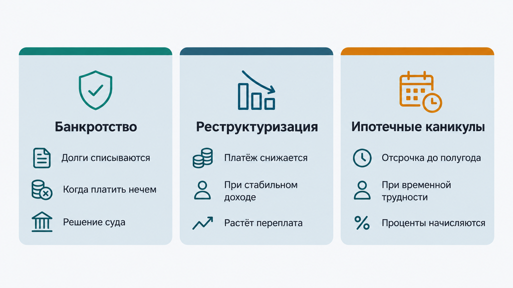 Сравнение трёх инструментов работы с задолженностью: банкротство, реструктуризация и ипотечные каникулы. Информационные карточки с критериями влияния на долг, целевой аудиторией и компромиссами выбора.
