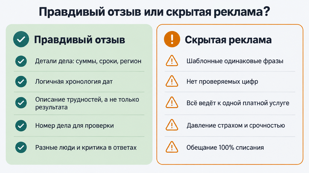 Как читать отзывы о банкротстве: пять признаков правдивого опыта и пять признаков скрытой рекламы на сравнительной инфографике