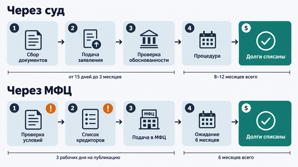 Пошаговая карта банкротства через суд и МФЦ с этапами, сроками и предупреждением о типичных ошибках на каждом шаге