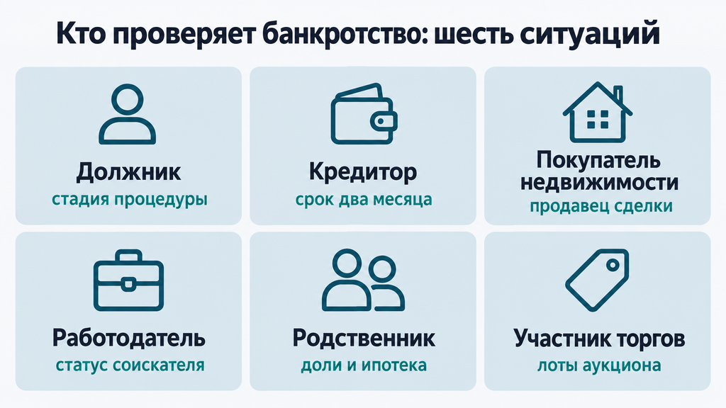 Шесть сценариев проверки статуса банкротства для должника, кредитора, покупателя недвижимости, работодателя, родственника и участника торгов