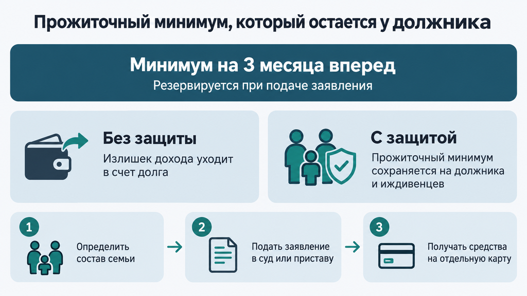 Инфографика: как сохранить прожиточный минимум при банкротстве для должника и иждивенцев
