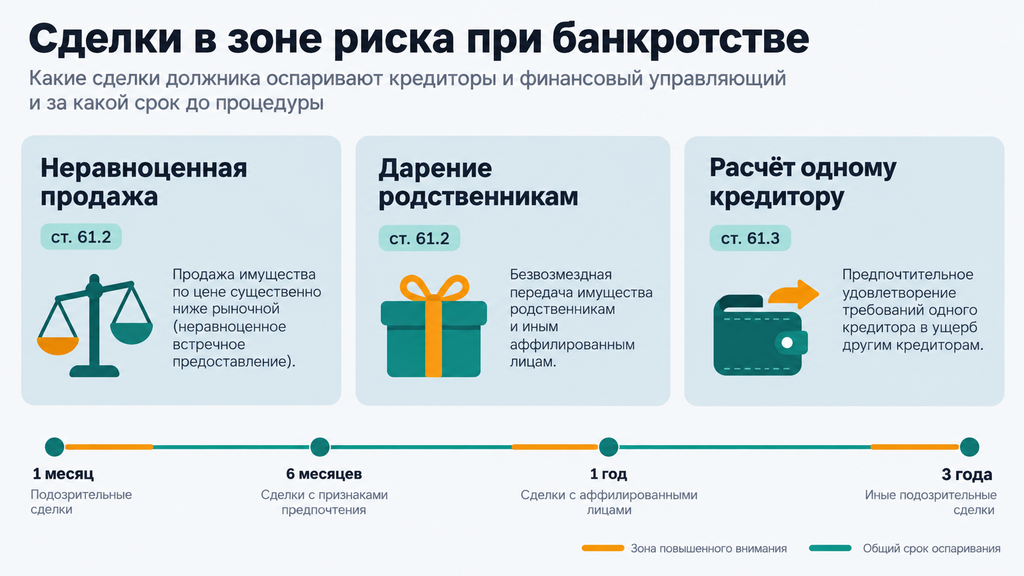 Сделки должника под риском при банкротстве: три вида оспариваемых операций и шкала подозрительных периодов 1 месяц, 6 месяцев, год и 3 года