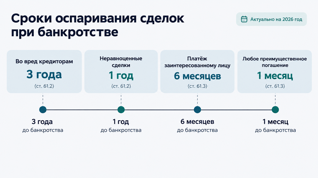 Таймлайн сроков оспаривания сделок при банкротстве: зоны проверки от 3 лет до 1 месяца до банкротства