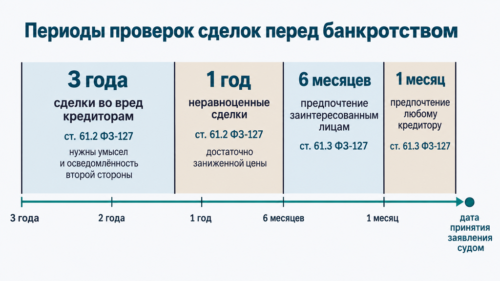 Таймлайн периодов проверки сделок перед банкротством: шкала длительности проверок 3 года, 1 год, 6 месяцев и 1 месяц по статьям 61.2 и 61.3 ФЗ-127